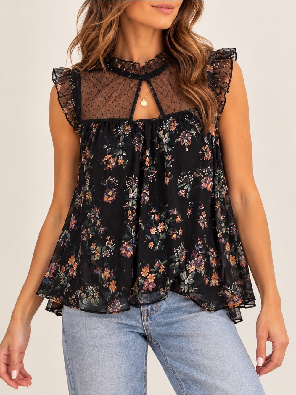 Arizona Jean Co Floral Blouse XL Sheer Mesh Yoke Ruffle Keyhole Swing Top